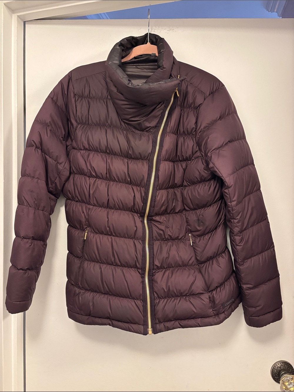 Athleta Quilted Asymmetrical Puffer Jacket - Deep Plum goose down